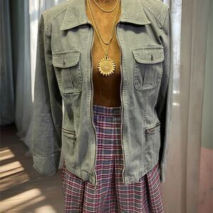 Y2K Utility Military Whimsigoth Gorpcore Indie Green Denim Cotton Zip Up Jacket